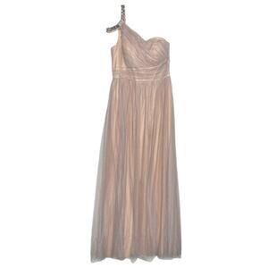 Christina Wu Formal Dress Prom Gown One Shoulder Tulle Maxi Champagne Silver 14